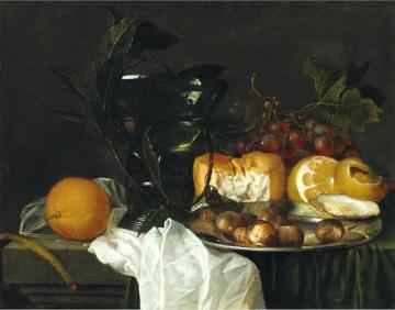 Still Life with a Roemer, a Peeled Lemon, Bread, an Oyster, etc. Artwork by Jan Davidsz De Heem
