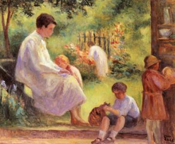 Rolleboise, Woman and Child in the Garden Artwork by Maximilien Luce