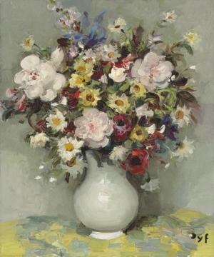 Roses, Anthemis, Daisies, Anemones, Blue Iris, Snapdragon In A Jug Artwork by Marcel Dyf