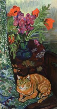 Cat Lying In Front Of A Bouquet Of Flowers Artwork by Suzanne Valadon