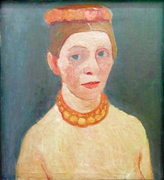 Self-portrait with red flower wreath and necklace Artwork by Paula Modersohn-Becker