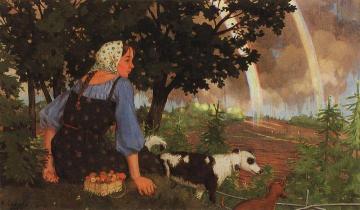 Girl with Mushrooms under the Rainbow Artwork by Konstantin Somov