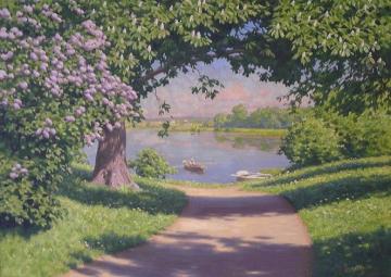 Lake with boat and flowering lilacs Artwork by Johan Krouthén