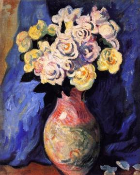 Bouquet Of Flowers On A Background Of Blue Drapery Artwork by Louis Valtat