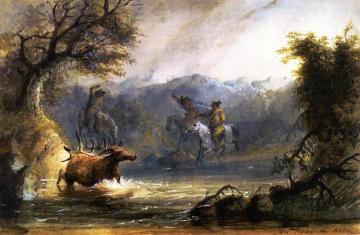 Elk Taking the Water Artwork by Alfred Jacob Miller