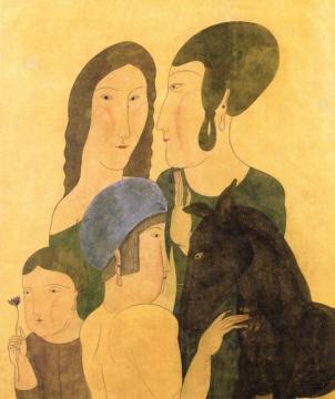 Family with Donkey Artwork by Tsuguharu Foujita