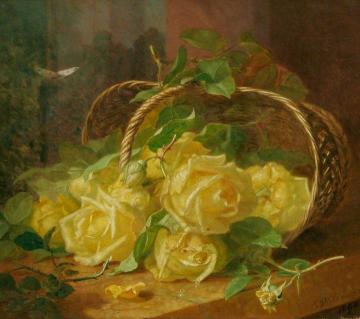 Still Life of Yellow Roses in an Upturned Basket Artwork by Eloise Harriet Stannard