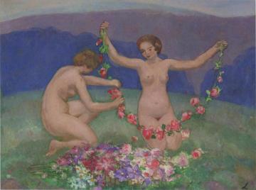 Two Young Girls With Garlands Artwork by Henri Lebasque