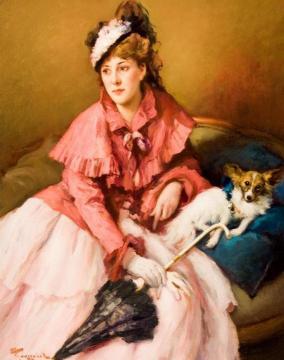 Lady in White Dress with Dog Artwork by Fernand Toussaint
