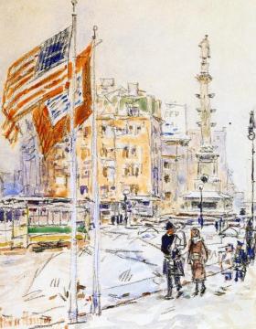 Flags, Columbus Circle Artwork by Frederick Childe Hassam