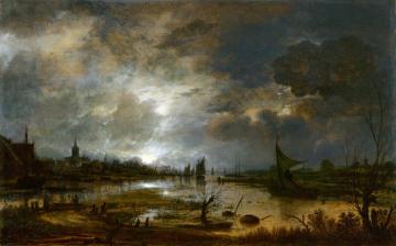 A River near a Town, by Moonlight Artwork by Aert van der Neer