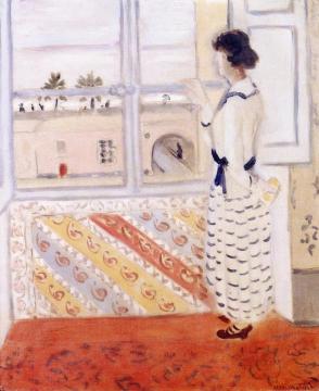 Young Woman At The Window, Blue Striped Desk Artwork by Henri Matisse