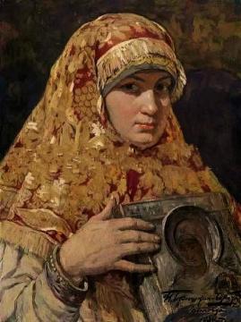 Woman With An Icon Artwork by Ivan Goryushkin-Sorokopudov
