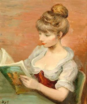 Claudine Reading In A Red Dress Artwork by Marcel Dyf