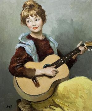 Girl With Guitar Artwork by Marcel Dyf