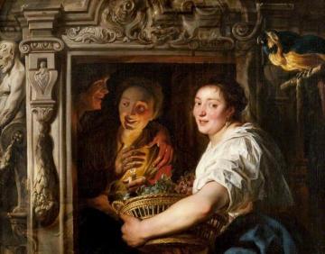 A Maidservant with a Basket of Fruit and Two Lovers Artwork by Jacob Jordaens