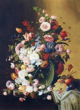 Flowers In A Glass Pitcher With Bird's Nest And Fruit Artwork by Severin Roesen