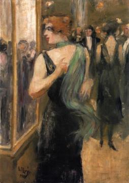 Lady In A Black Evening Dress With A Green Scarf Artwork by Lesser Ury