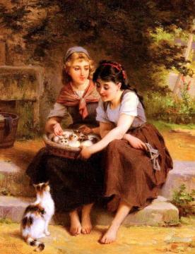 Two Girls With A Basket Of Kittens Artwork by Emile Munier
