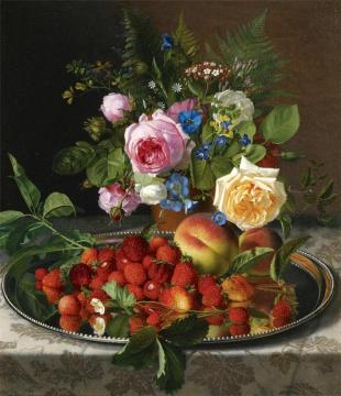 Still life with roses and strawberries on a silver salver Artwork by Otto Didrik Ottesen