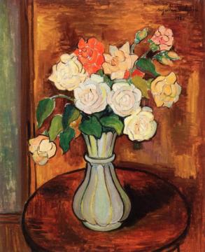Vase Of Roses On A Pedestal Table Artwork by Suzanne Valadon