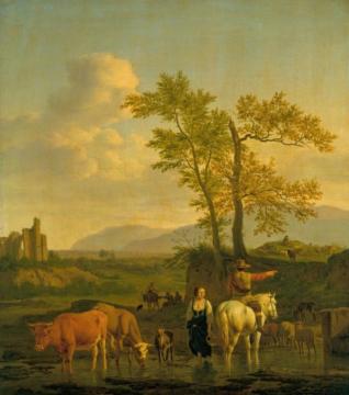 A Horseman At A Ford, Asking The Way Of A Herdswoman, In An Italianate Landscape Artwork by Adriaen van de Velde