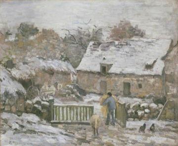 Farm at Montfoucault, Snow Effect Artwork by Camille Pissarro