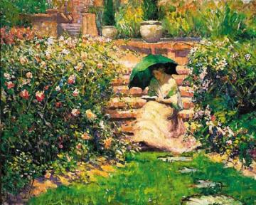 Woman Reading In A Garden Artwork by Richard Edward Miller