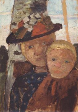 Little Boy and Girl in Flowered Hat Artwork by Paula Modersohn-Becker