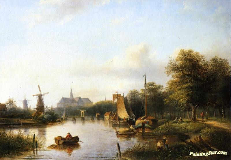 A View Of The River Spaarne, Haarlem, With Moored Shipping And A Hay-barge, The St. Bavo Church In The Background Artwork by Jan Jacob Spohler