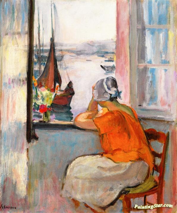 Jeuen femme devant la fenetre ouverte a l'Ile d'Yeu Artwork by Henri Lebasque