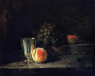Silver Goblet, Peach, White and Red Grapes, and Apple Artwork by Jean-Baptiste-Simeon Chardin