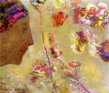 Profile of a Woman with Butterfly and Flowers Artwork by Odilon Redon