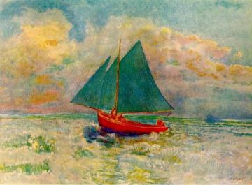 Red Boat with Blue Sails Artwork by Odilon Redon