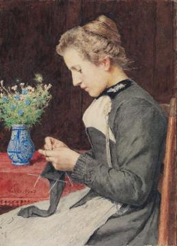 Strickende junge Frau mit Blumenstrauss Artwork by Albert Anker
