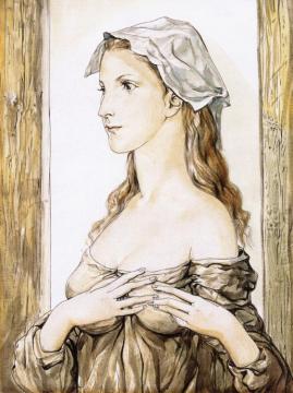 Young Woman in Profile, Hands folded over Her Breast Artwork by Tsuguharu Foujita