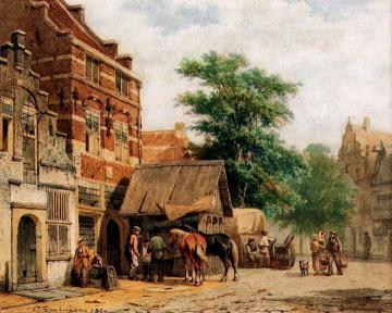 View in a street, Culemborg, with a blacksmith at work Artwork by Cornelius Springer