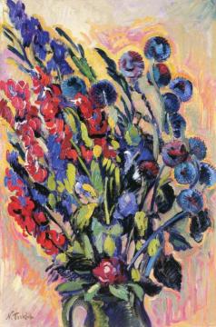 Irises in Green Jug Artwork by Nicolas Tarkhoff