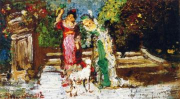 Two Woman And A Dog Artwork by Adolphe Joseph Thomas Monticelli