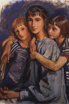Self Portrait With Daughters Artwork by Zinaida Serebriakova