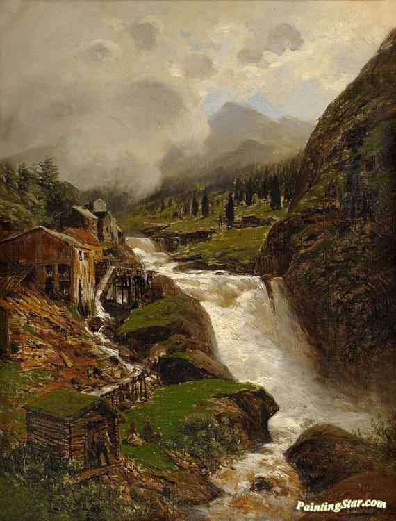 Sawmill By A Waterfall Artwork by Themistocles von Eckenbrecher
