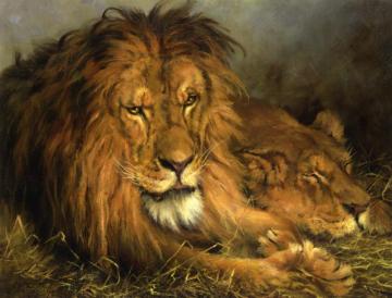 A Lion And Lioness Artwork by Geza Vastagh