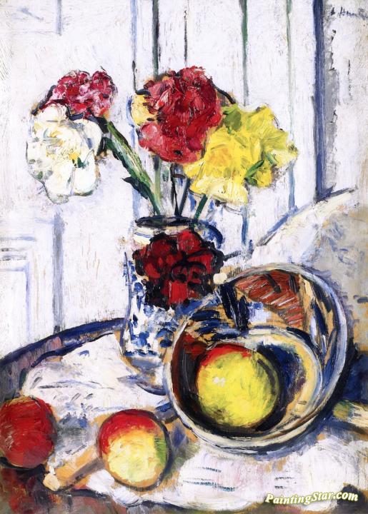 Still LIfe of Apples and Flowers in a Blue Vase Artwork by George Leslie Hunter