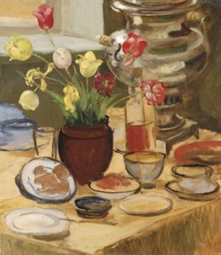 Still Life With Samovar And Tulips Artwork by Zinaida Serebriakova