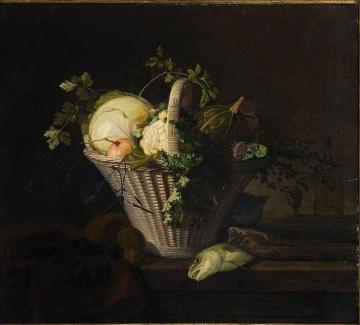 Still Life with Basket of Vegetables and Fish Artwork by Frants Boe