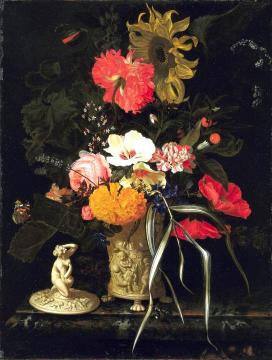 Flowers in a vase with embossed decorations Artwork by Maria van Oosterwijck
