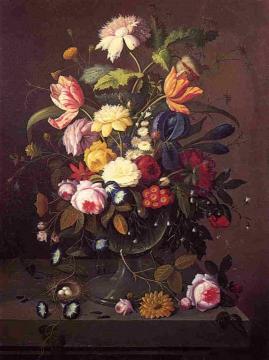 Vase of Flowers in Footed Glass Bowl with Bird's Nest Artwork by Severin Roesen