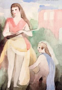 Two Young Women in front of a Pink House Artwork by Marie Laurencin