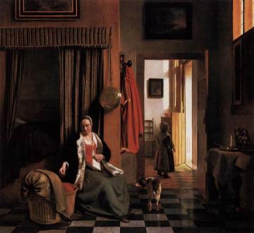 Mother Lacing Her Bodice beside a Cradle Artwork by Pieter de Hooch