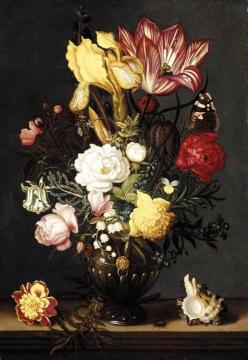 Flowers in a decorative vase, flanked by a shell and marigold, on a stone plinth Artwork by Ambrosius Bosschaert